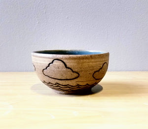 Set of Two Small Clouds and Waves  bowls in brown stoneware and blue glaze