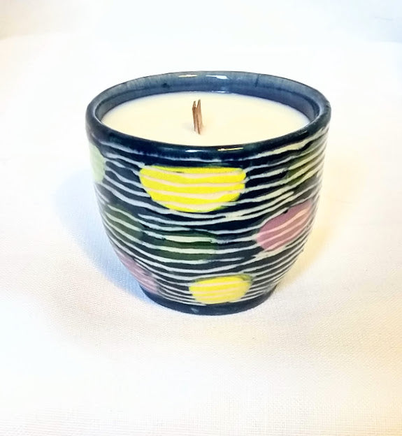 Dark Blue Medium sized Dendron pattern candle in a Sage Lavender Scent